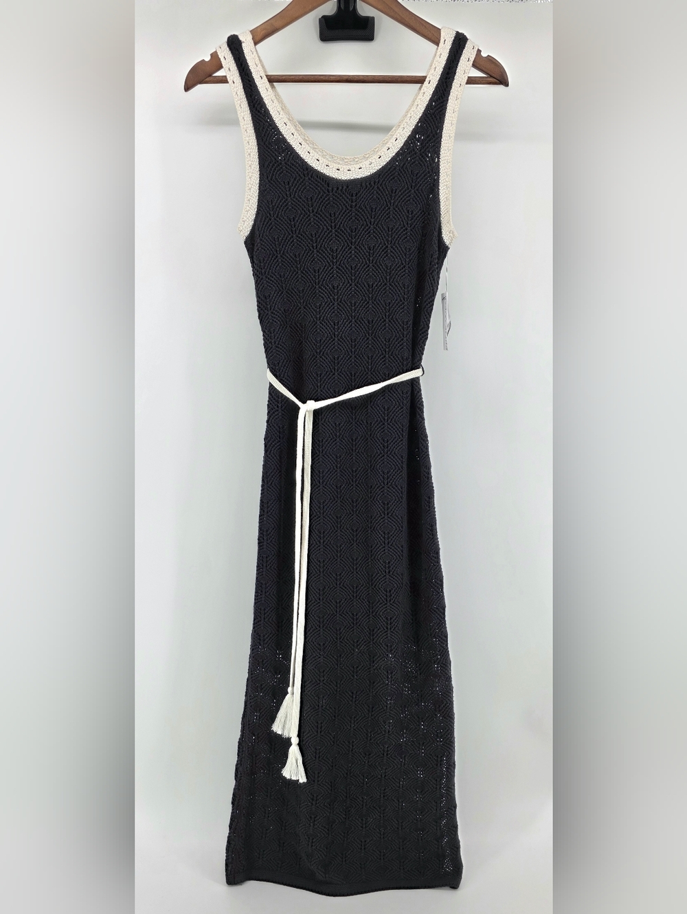 Nine West Black & Cream Crochet Knit Maxi Dress Coastal Chic Boho – Size XS